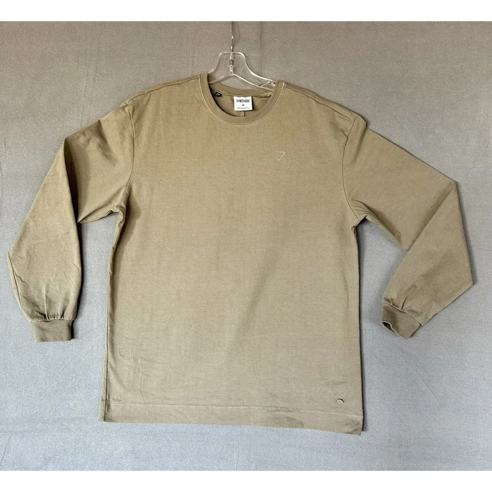 Gymshark Mens Long Sleeve Crew Neck T-Shirt Taupe Brown M Center Back Seam Logo‎